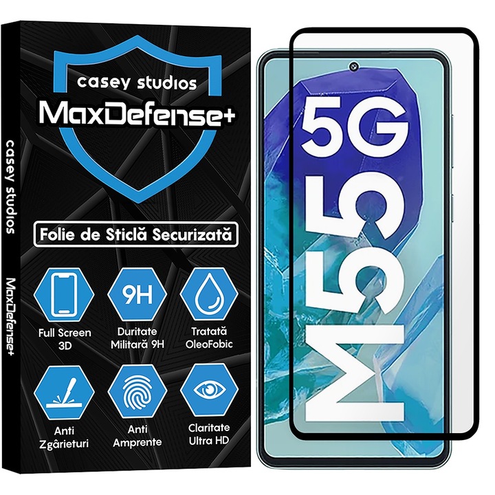 CASEY STUDIOS Üvegfólia Samsung Galaxy M55 kompatibilis, Full Glue, Katonai keménység, Ultra HD, Karcolásgátló, Ujjlenyomat-mentes, Ütésgátló, Fekete élek