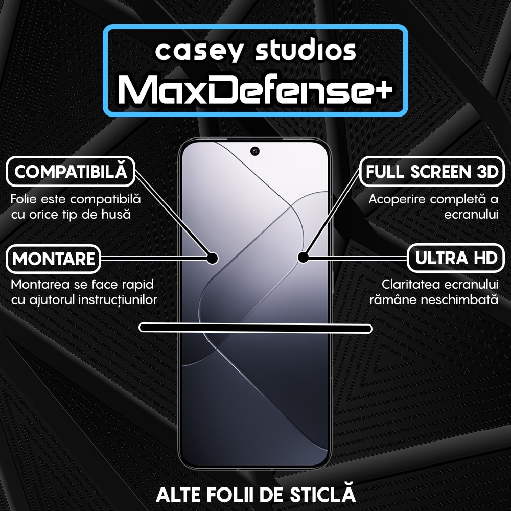 Folie Sticla CASEY STUDIOS™ compatibila cu Xiaomi 13 / 14, Full Cover 3D, Full Glue, Duritate Militara, Ultra HD, Anti Zgarieturi, Anti Amprente, Anti Socuri, Margini Negre