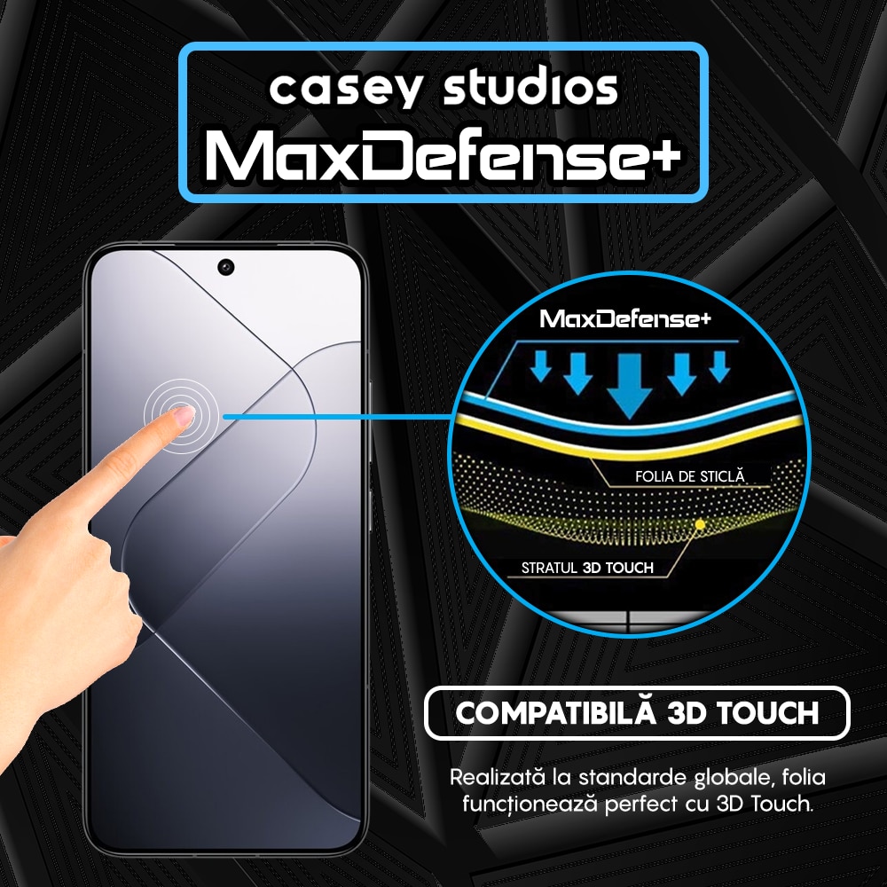Folie Sticla CASEY STUDIOS™ compatibila cu Xiaomi 13 / 14, Full Cover 3D, Full Glue, Duritate Militara, Ultra HD, Anti Zgarieturi, Anti Amprente, Anti Socuri, Margini Negre