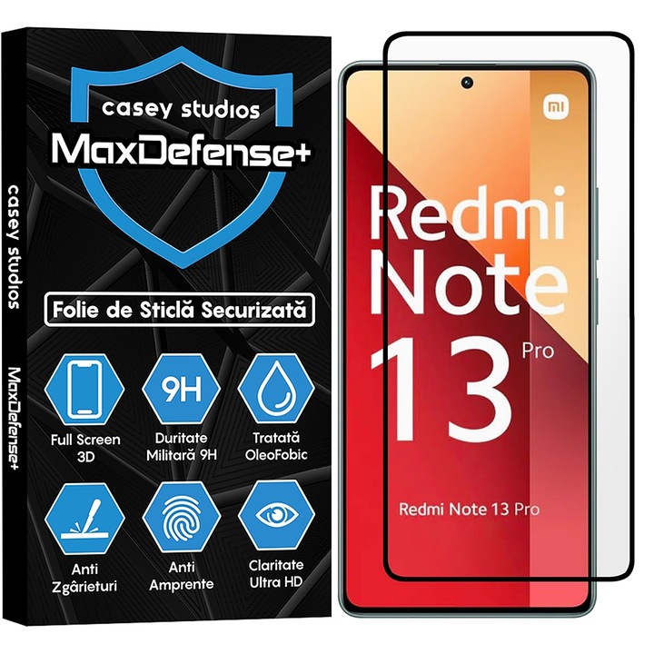 CASEY STUDIOS üvegfólia, kompatibilis Xiaomi Redmi Note 13 / Redmi Note 13 4G / Redmi Note 13 Pro 4G/5G, Full Glue, Katonai keménység, Ultra HD, Karcolásgátló, Ujjlenyomatok elleni védelem, Ütésgátló, Fekete élek