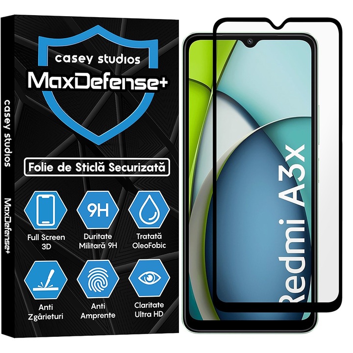 CASEY STUDIOS üvegfólia kompatibilis a Xiaomi Redmi A3x-el, Full Glue, Katonai keménység, Ultra HD, Karcmentes, Ujjlenyomatok, Ütésgátló, Fekete élek