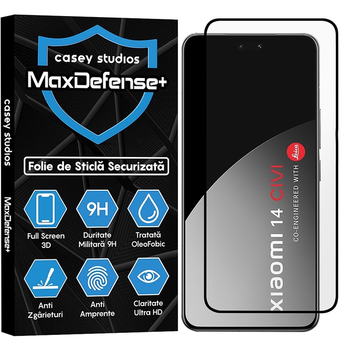 Стъклено фолио CASEY STUDIOS, Съвместимо с Xiaomi 14 Civ, Военна твърдост, Ultra HD, Против надраскване, Против пръстови отпечатъци, Против удар, Черни ръбове