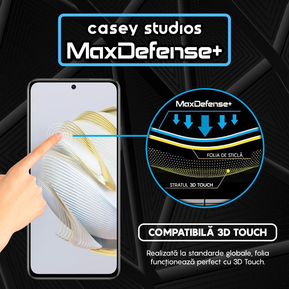 Folie Sticla CASEY STUDIOS™ compatibila cu Huawei nova 12 SE, Full Cover 3D, Full Glue, Duritate Militara, Ultra HD, Anti Zgarieturi, Anti Amprente, Anti Socuri, Margini Negre