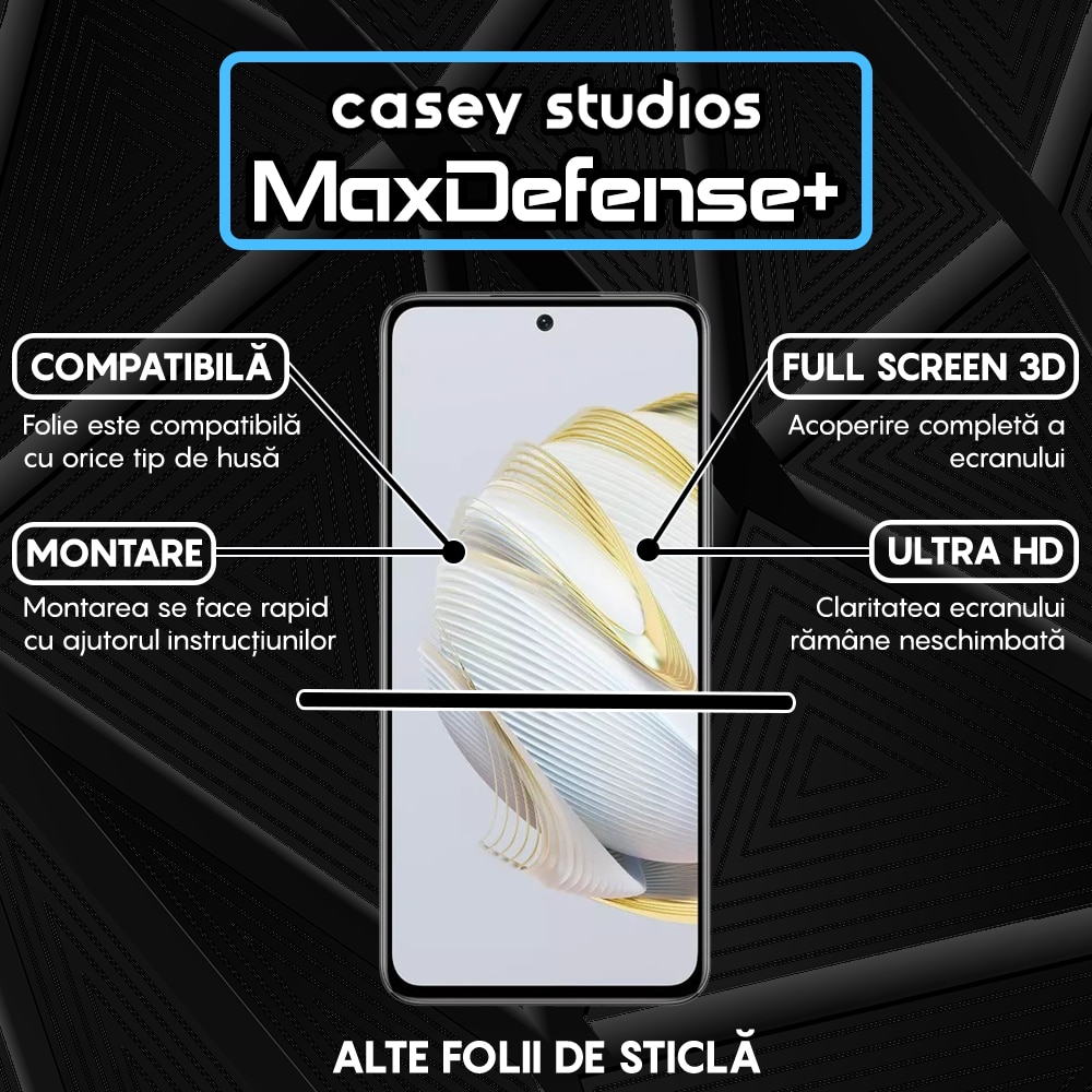 Folie Sticla CASEY STUDIOS™ compatibila cu Huawei nova 12 SE, Full Cover 3D, Full Glue, Duritate Militara, Ultra HD, Anti Zgarieturi, Anti Amprente, Anti Socuri, Margini Negre