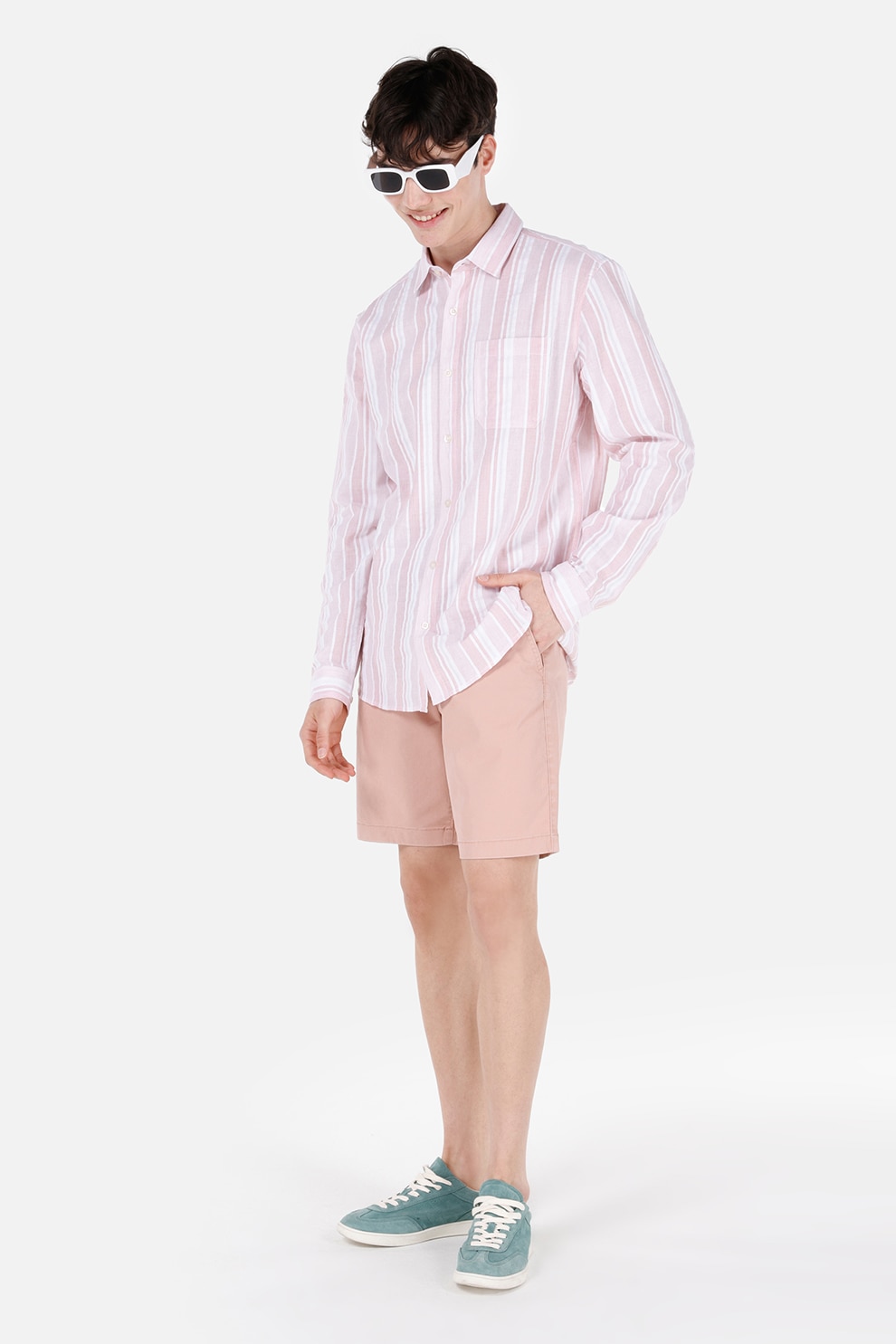 COLIN'S, Camasa in dungi din amestec de in si bumbac, Roz pastel, Alb optic, XL