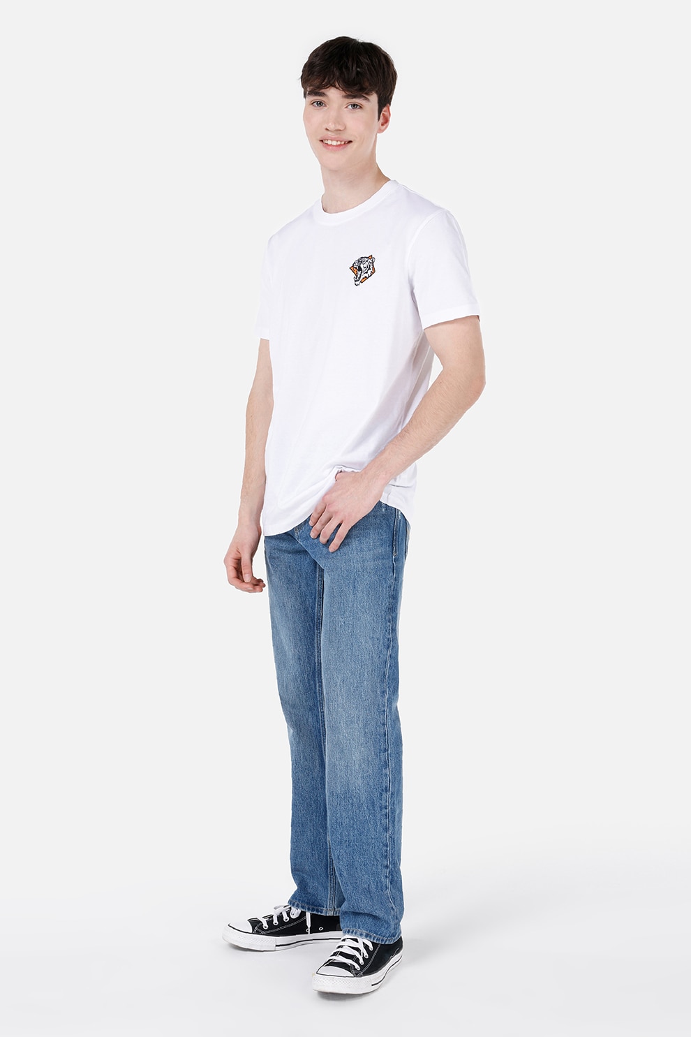 COLIN'S, Tricou de bumbac cu aplicatie pe piept, Negru stins, Portocaliu mandarina, Alb optic, S