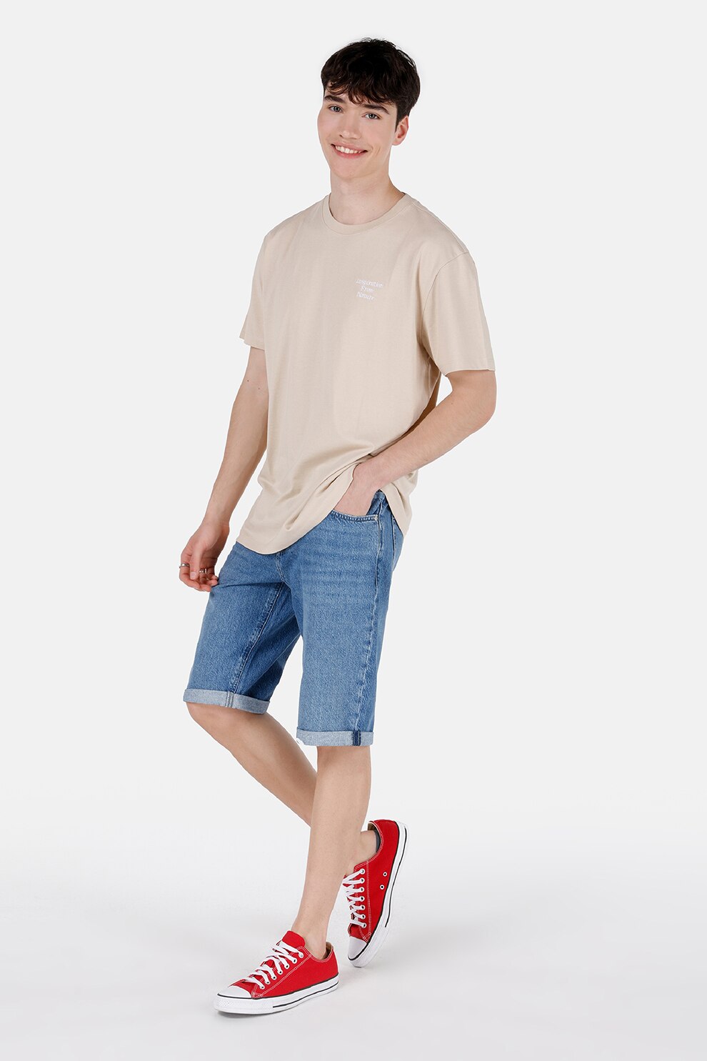 COLIN'S, Tricou de bumbac cu text si imprimeu floral, Bej, Alb optic, XL