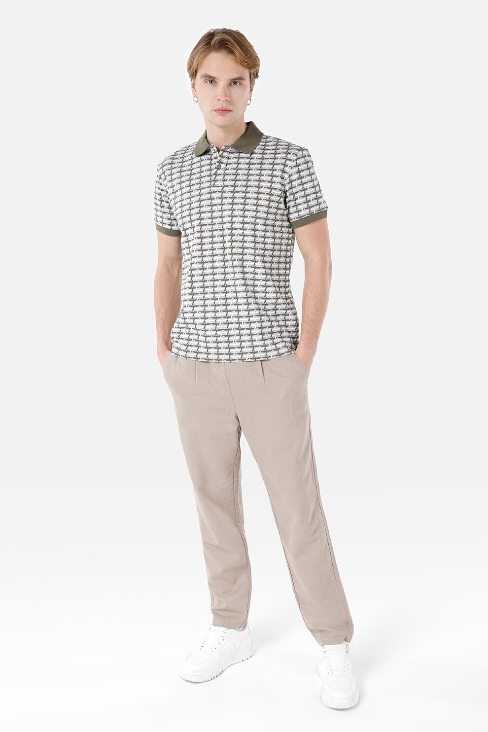 COLIN'S, Tricou polo de bumbac cu model, Alb murdar, Verde feriga, XS