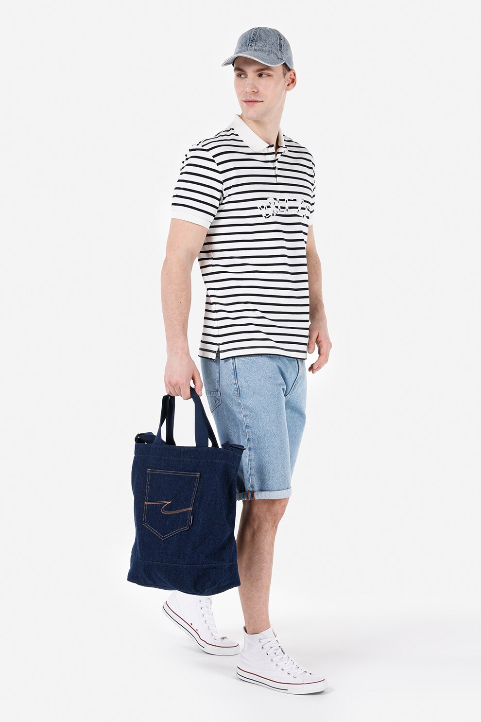 COLIN'S, Tricou polo de bumbac in dungi, Negru stins, Alb murdar, XS