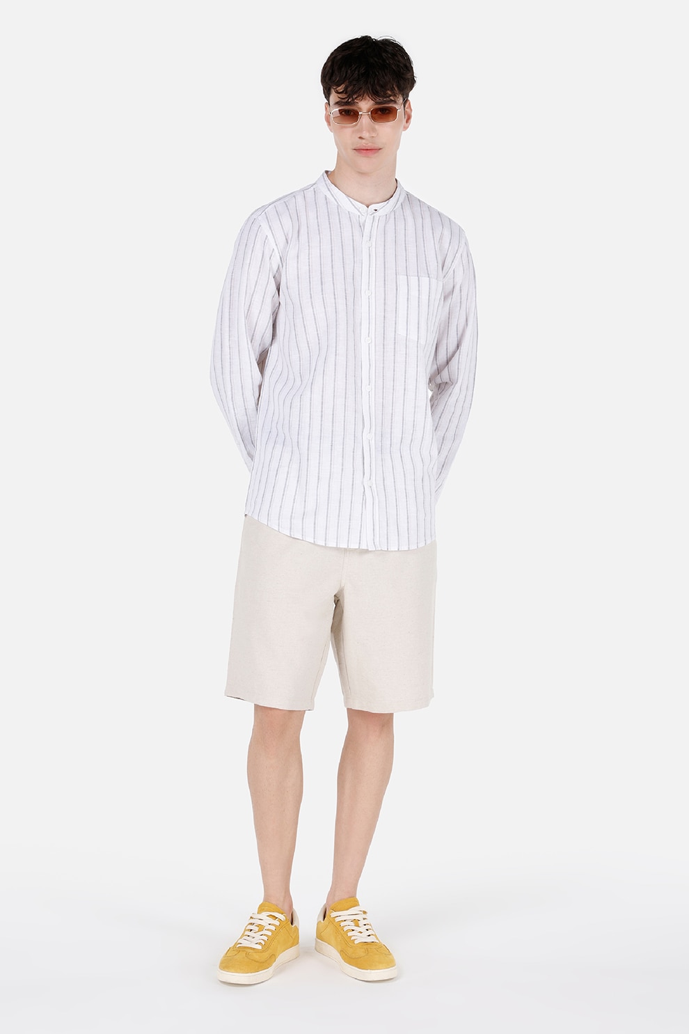 COLIN'S, Camasa in dungi din amestec de in cu buzunar pe piept, Negru stins, Alb optic, 2XL