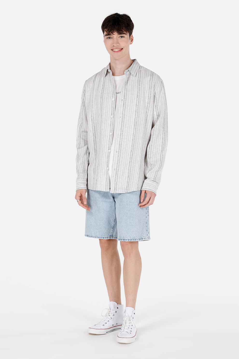 COLIN'S, Camasa in dungi din amestec de in cu guler clasic, Gri, Alb murdar, 2XL