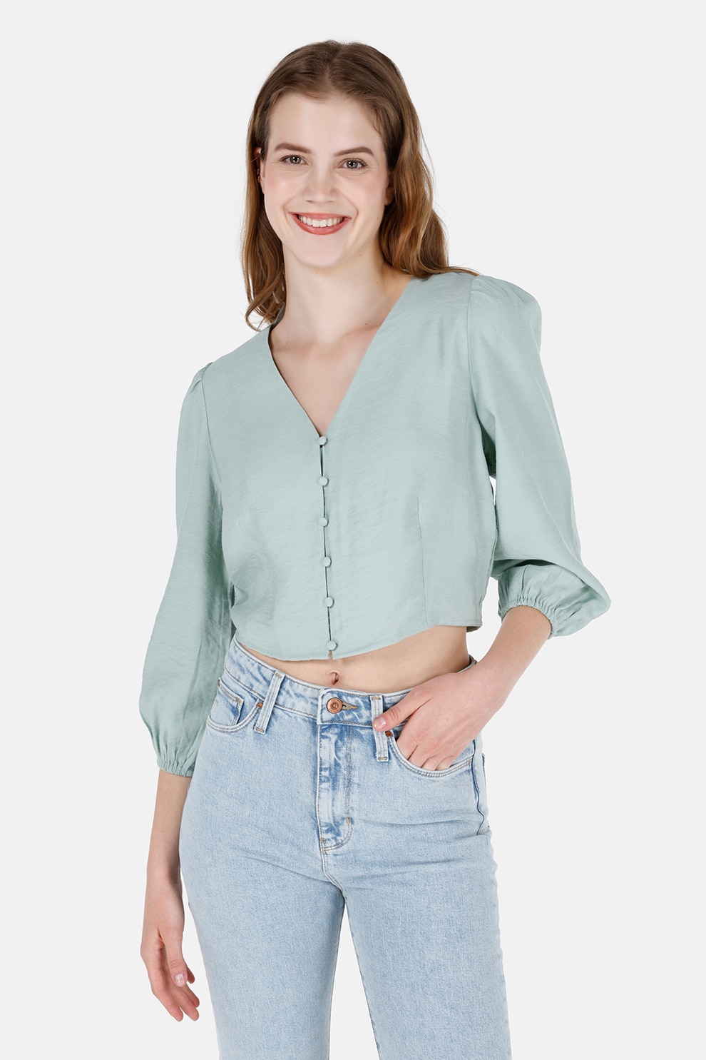 COLIN'S, Camasa crop cu maneci bufante, Verde pal, XL