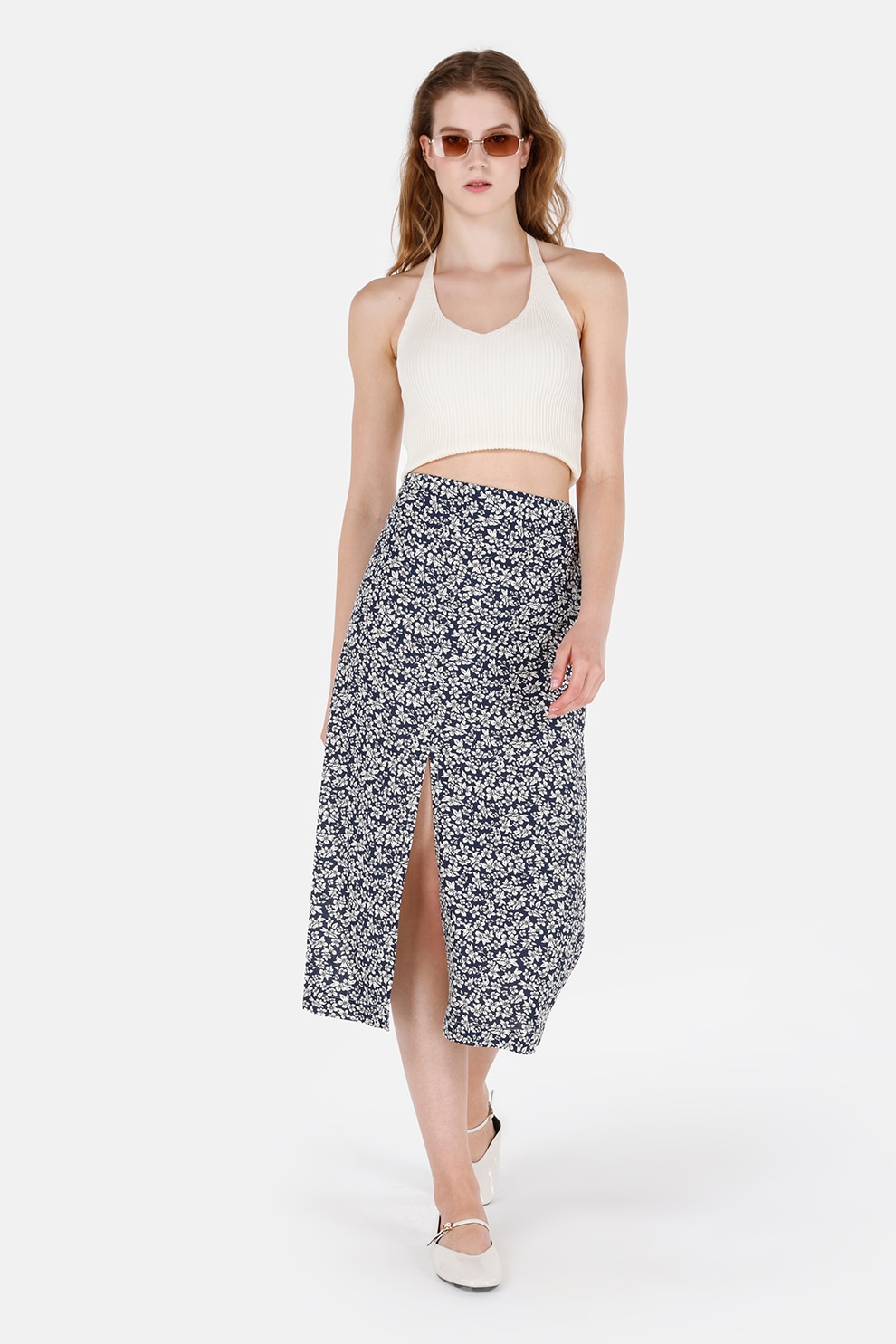 COLIN'S, Fusta cu imprimeu floral si slit adanc, Alb murdar, Bleumarin, M