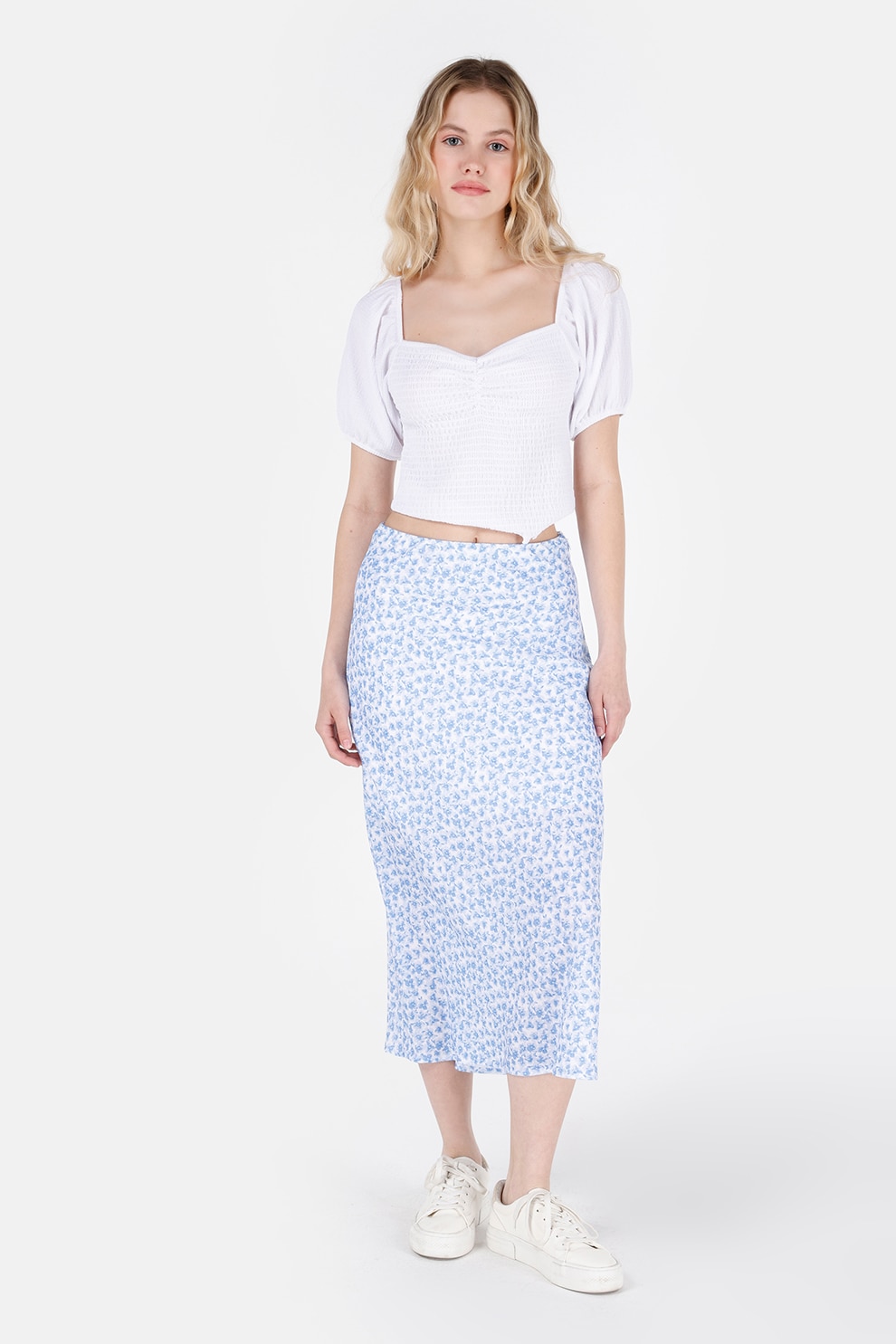COLIN'S, Fusta midi cu imprimeu floral, Albastru royal, Alb optic, XL