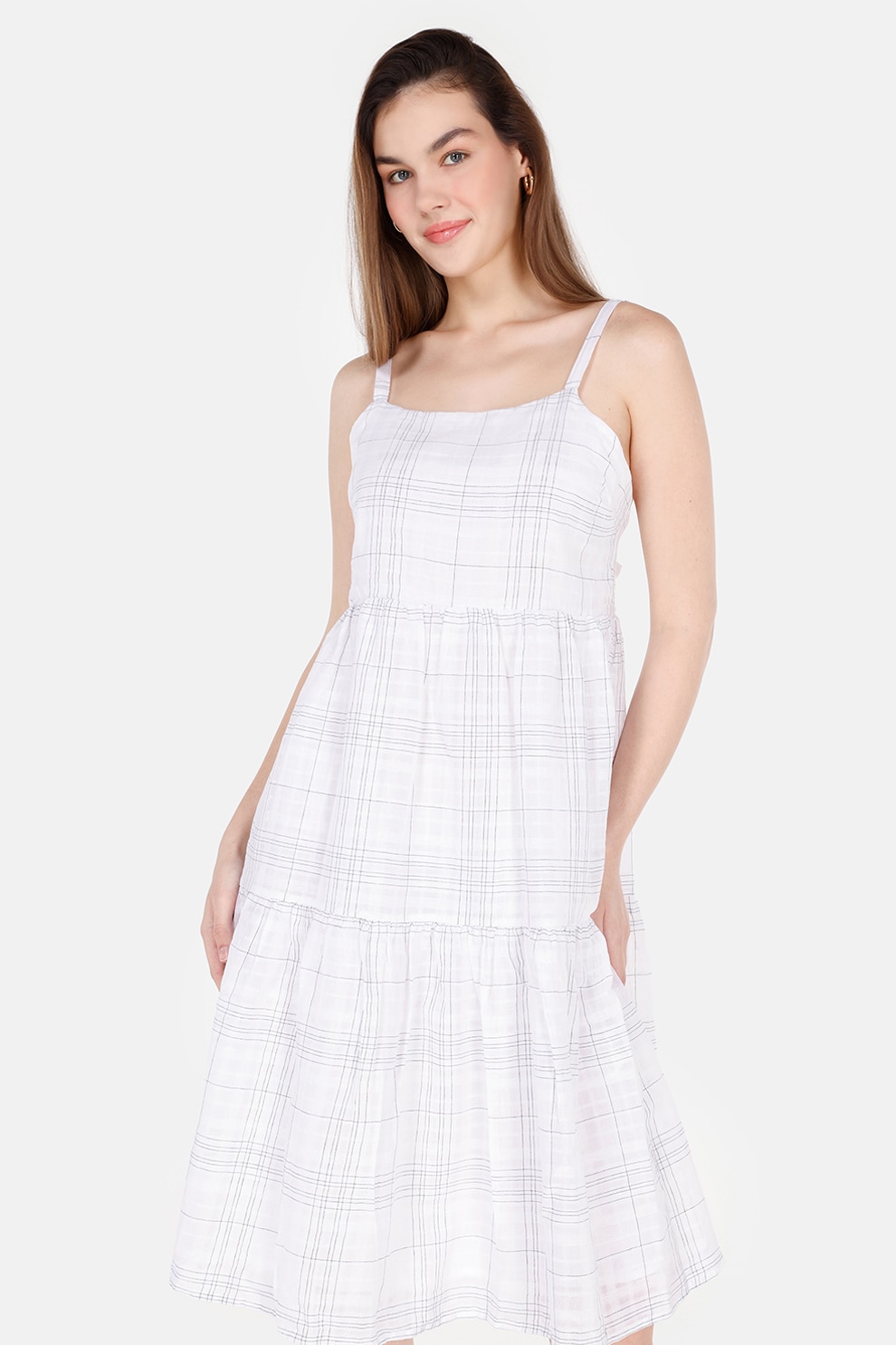 COLIN'S, Rochie de in si bumbac in carouri, Alb murdar, XS