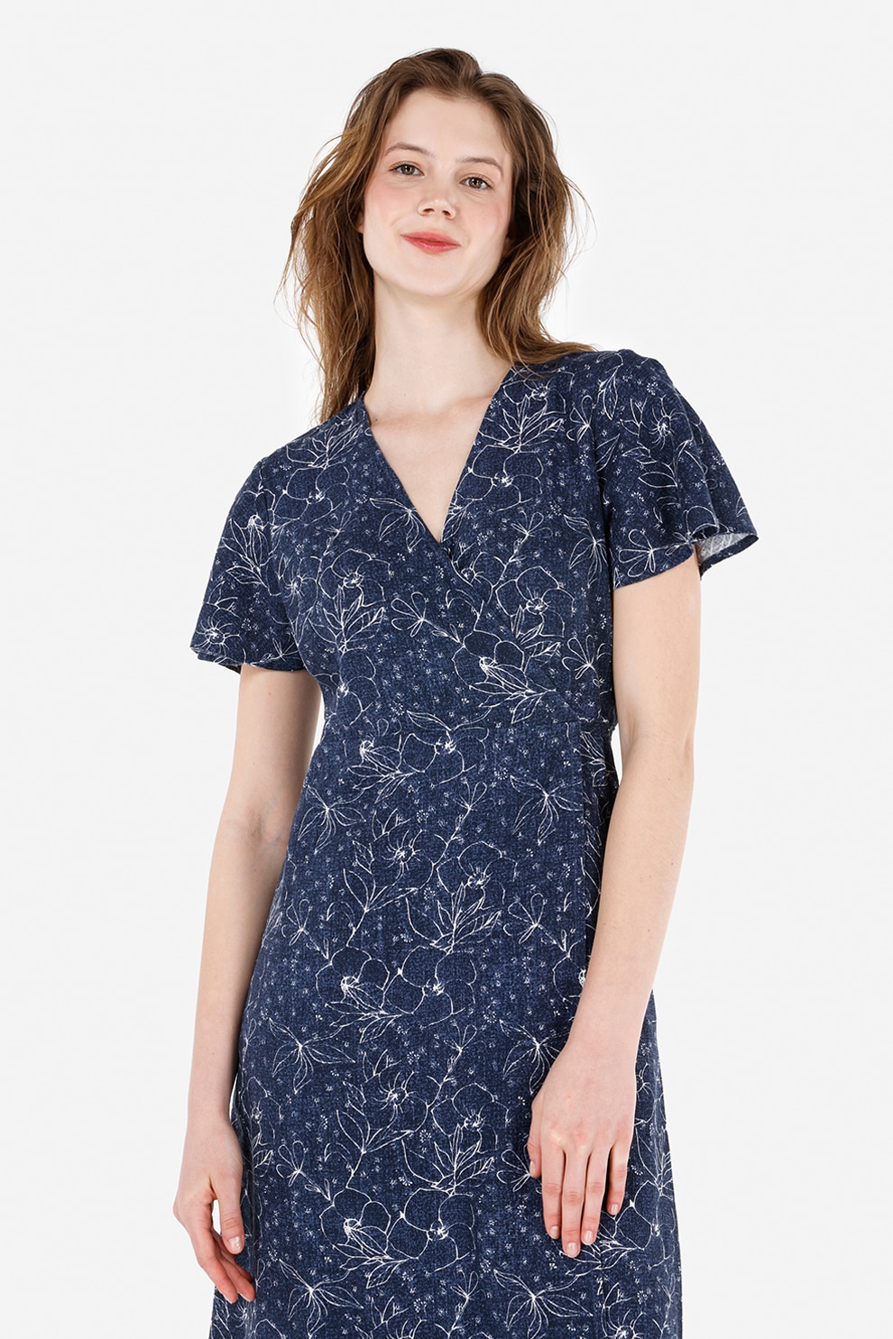 COLIN'S, Rochie midi din amestec de in cu decolteu in V, Alb, Bleumarin, XS