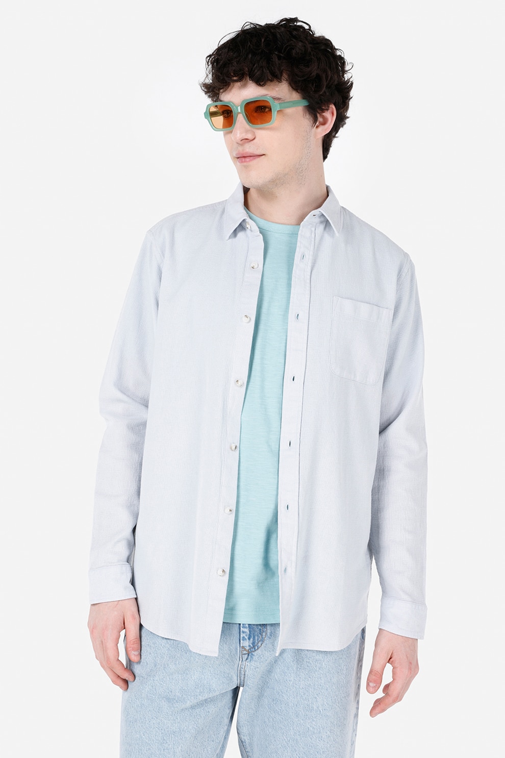 COLIN'S, Camasa din bumbac cu model uni si buzunar aplicat, Albastru glaciar, XL