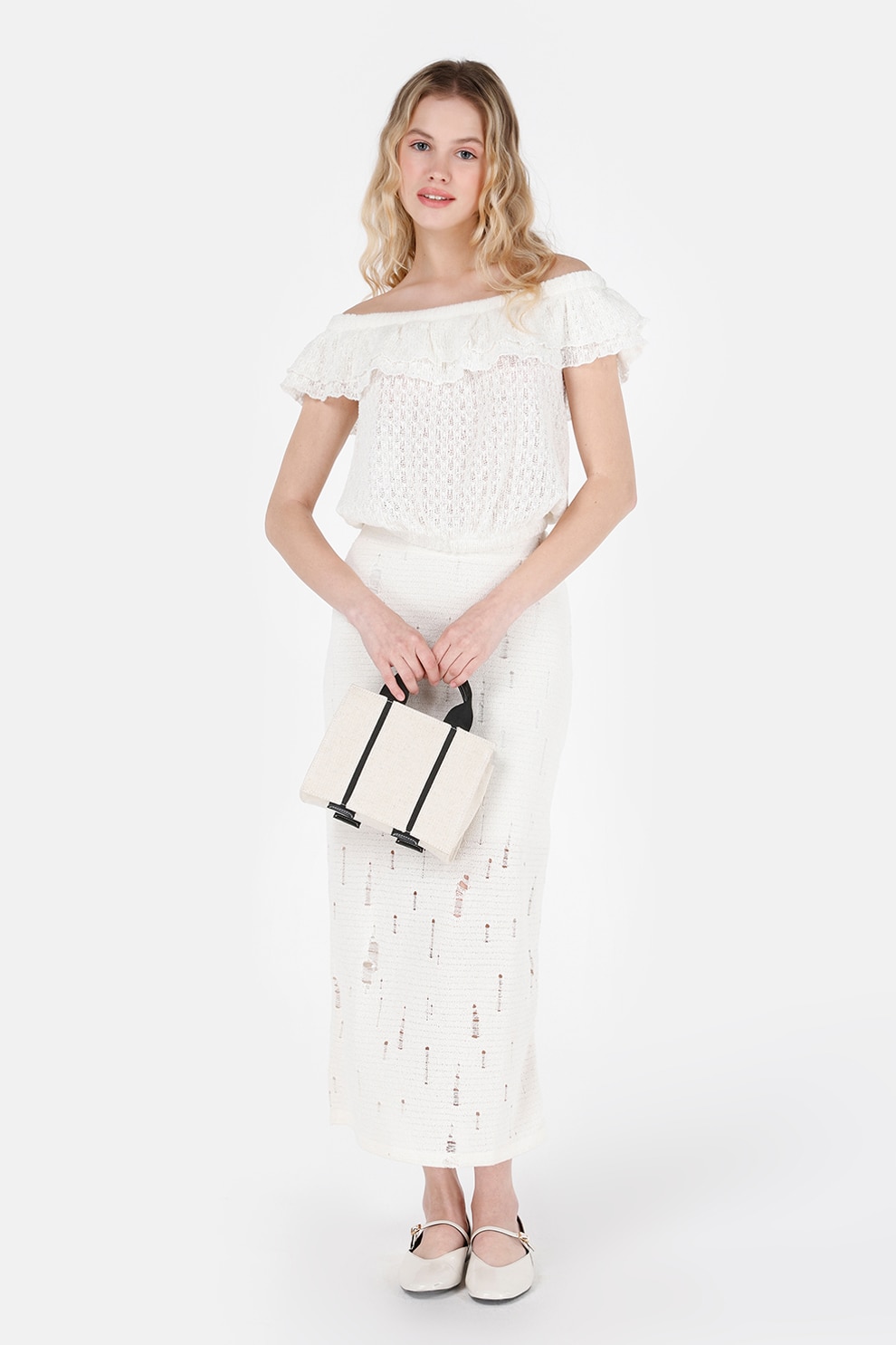 COLIN'S, Fusta midi cu aspect deteriorat, Alb fildes, XS