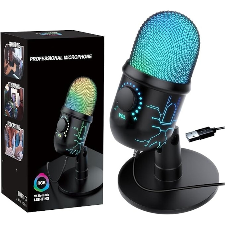 Microfon PC, cu efecte RGB dinamice, anulare zgomot, monitorizare in timp real