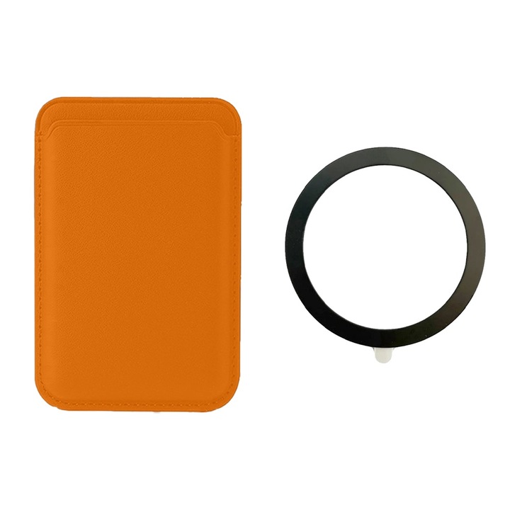 Set Husa pentru carduri FONIX si Inel Adeziv Magsafe, Compatibilitate Universala, Magneti integrati, Durabil, Rezistent la socuri, Prindere Magnetica, Anti-Alunecare, Piele Ecologica, Portocaliu