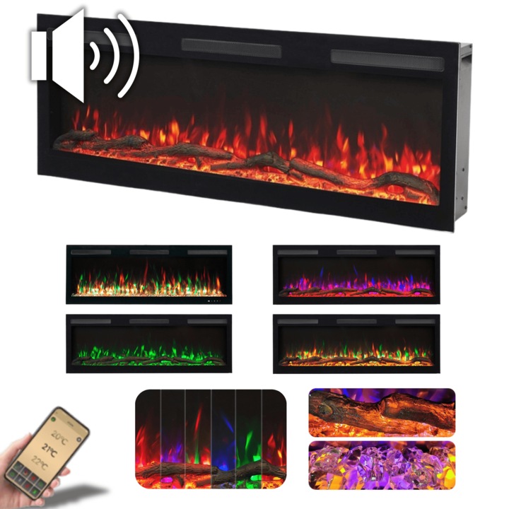 Semineu liniar Aflamo Majestic 153 PRO, sunet incorporat, Smart APP + telecomanda, 10 combinatii culori, Led 3D flame, sistem incalzire independent, incorporabil sau de perete