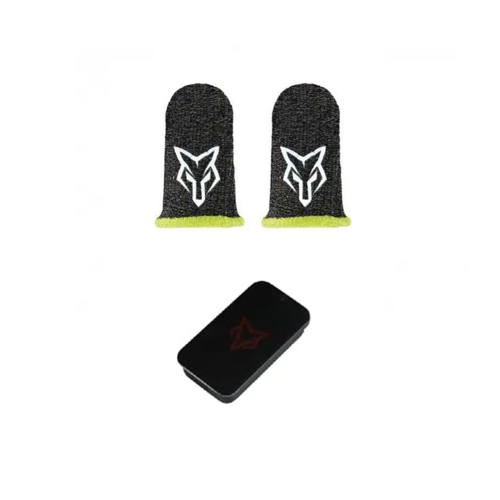 2 db professzionális játékujj (kesztyű), Fox Yellow V2, Silver Fiber, izzadásgátló + fém tárolódoboz telefonhoz és táblagéphez, Pubg, Fortnite, Call of duty