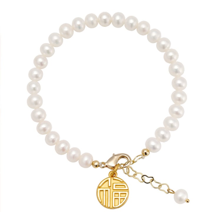Bratara Dama, Model Elegant, Otel inoxidabil, Piatre Perle alb, Placat cu aur, Culoare Gold