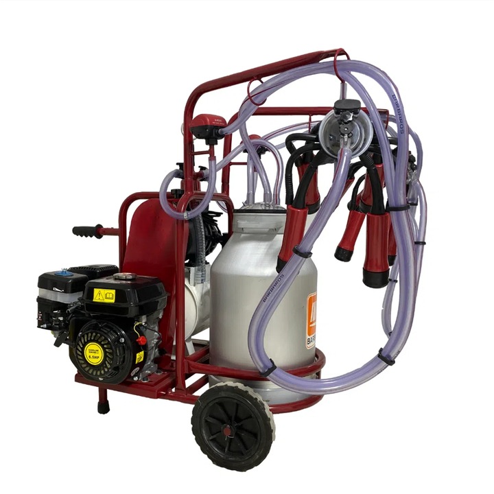 Tehénfejőgép, 2 állomás, 1 db 40 literes alumínium dob, műanyag poharak, 250 l/perc, 0,55 kW teljesítményű és hőmotor