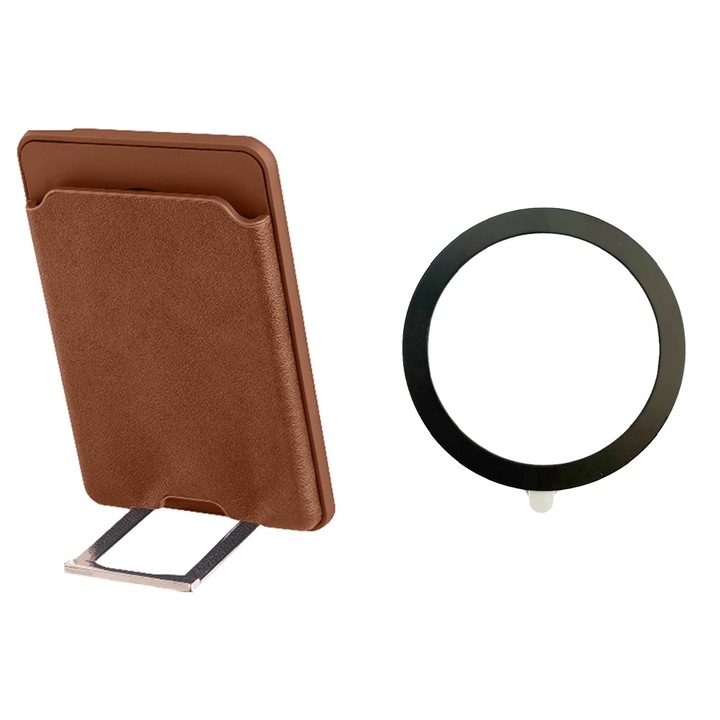 Set Incarcator 3-in-1 pentru smartphone FONIX si Inel Adeziv MagSafe, compatibil cu orice tip de smartphone, Stand pentru telefon, Incarcator Wireless, Husa pentru Carduri, Prindere Magnetica, Rezistent la socuri, Maro