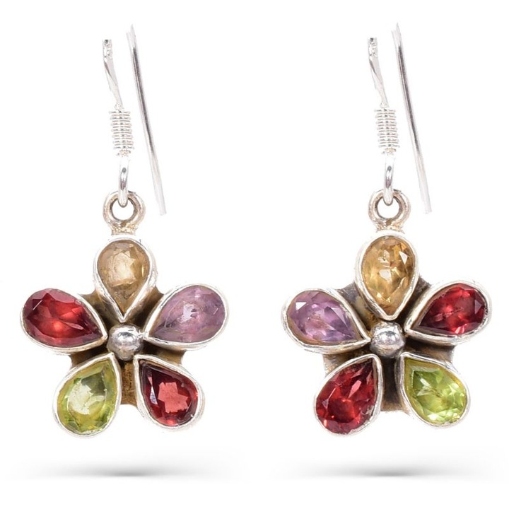 Cercei argint mix pietre Floare - granat, citrin, peridot, ametist