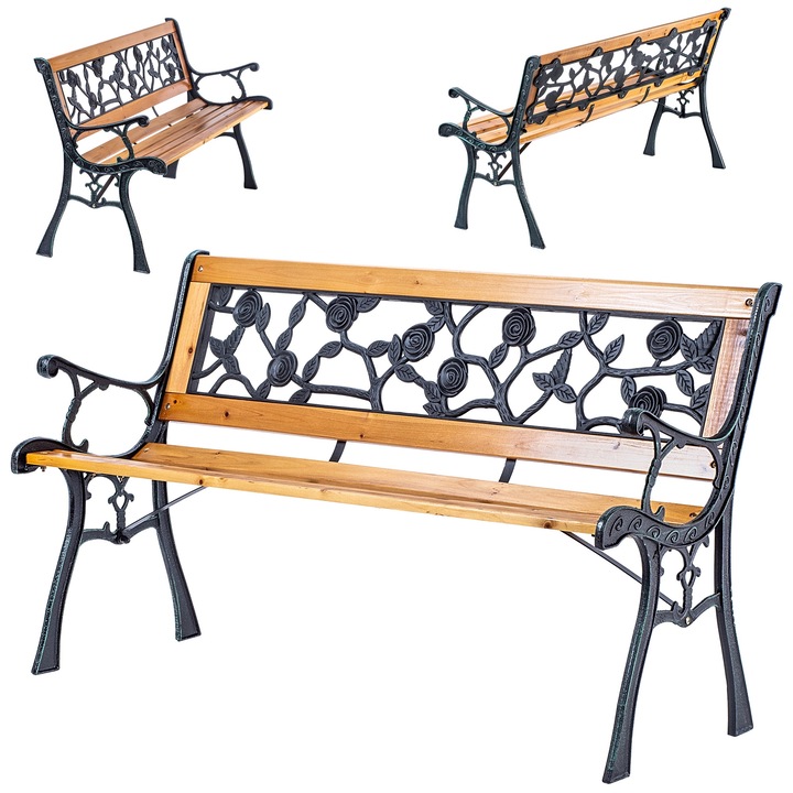 Banca de gradina KADAX, ergonomica, zel si lemn de brad, 122x53x73cm