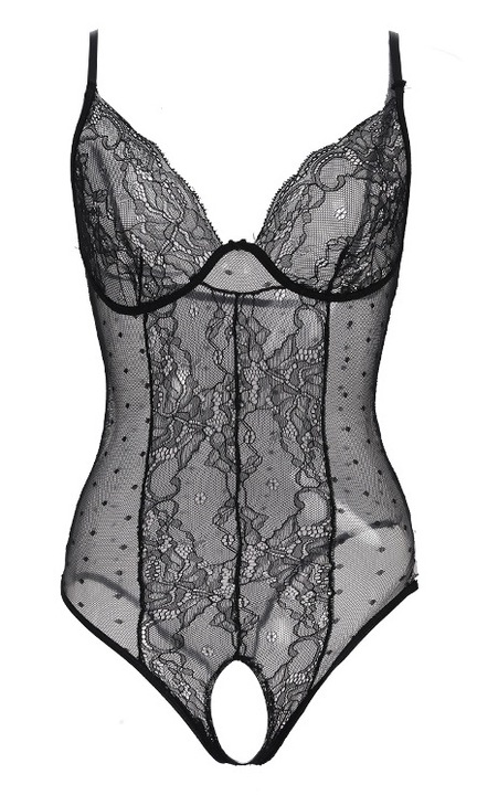 Szexi fehérnemű szett, csipkés body, fekete, M/L INTL