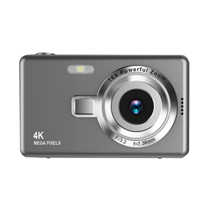 Digitális fényképezőgép, 16-szoros zoom, HD 1080p videofelvétel, 2,4 hüvelykes képernyő, elektronikus stabilizátor, hosszú akkumulátor-élettartam, szépségszűrők, könnyű és hordozható, szürke