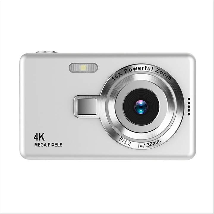 Digitális kamera, 16x zoom, 1080p HD videofelvétel, 2,4 hüvelykes képernyő, elektronikus stabilizátor, hosszú élettartamú akkumulátor, arcszűrők, könnyű és hordozható, ezüst