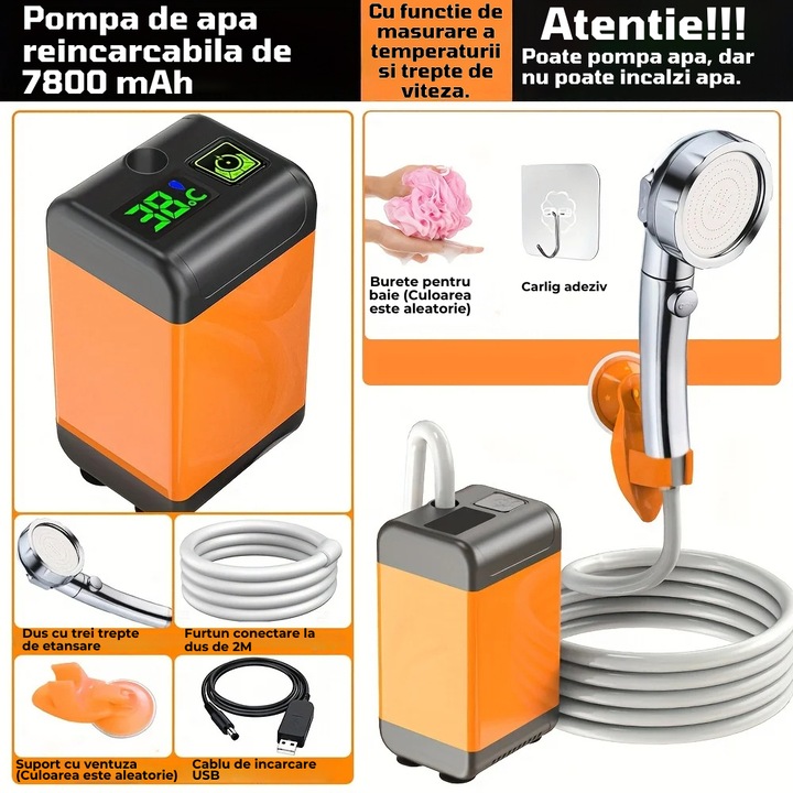 Dus Portabil LEBLOU - Solutia Perfecta pentru Camping si Activitati in Aer Liber, Motor Pompa Submersibila, Debit Mare - IPX Impermeabil, Acumulator 7800 mAh cu 3 trepte putere, pana la 180 Minute Utilizare, include: Burete, Ventuza, Carlig, Furtun 2m
