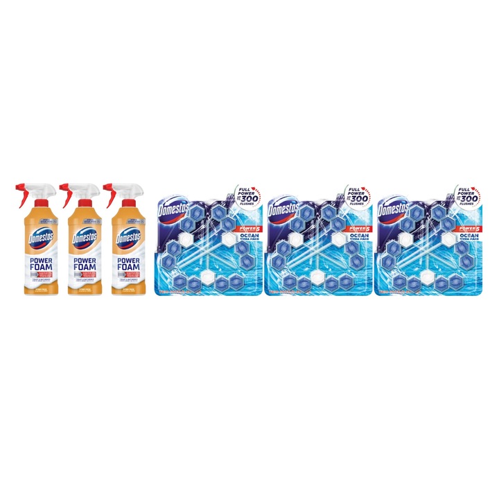 Set Curatenie Toaleta Domestos 6 x Componente, 3 x spuma de baie 435ml Lamaie, 3 x odorizant WC bile Ocean 3x55gr, rapid si eficient, testat dermatologic, prospetime de lunga durata, elimina mirosuri neplacute