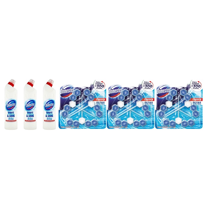 Set Curatenie Toaleta Domestos 6 x Componente, 3 x solutie WC lichid White&Shine 750ml, 3 x odorizant WC bile Ocean 3x55gr, rapid si eficient, testat dermatologic, prospetime de lunga durata, elimina mirosuri neplacute