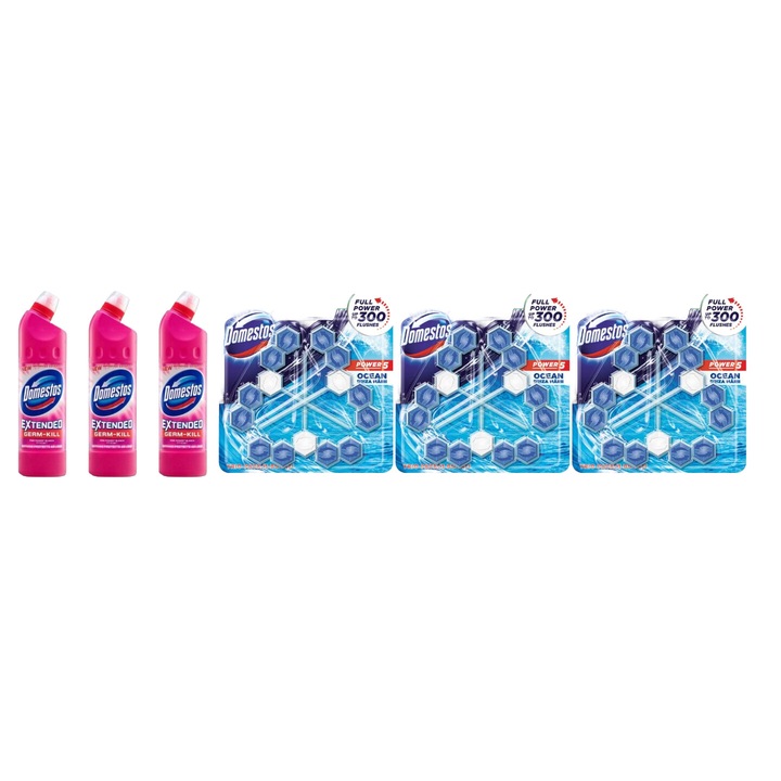 Set Curatenie Toaleta Domestos 6 x Componente, 3 x solutie WC lichid Pink Fresh 750ml, 3 x odorizant WC bile Ocean 3x55gr, rapid si eficient, testat dermatologic, prospetime de lunga durata, elimina mirosuri neplacute