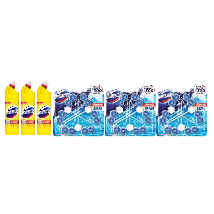 Set Curatenie Toaleta Domestos 6 x Componente, 3 x solutie WC lichid Lamaie 750ml, 3 x odorizant WC bile Ocean 3x55gr, rapid si eficient, testat dermatologic, prospetime de lunga durata, elimina mirosuri neplacute