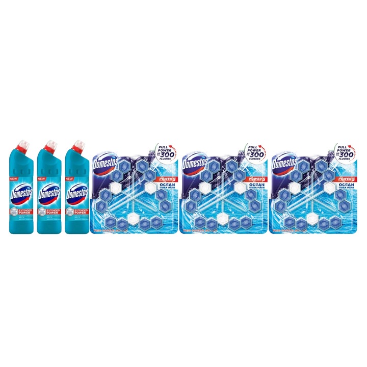 Set Curatenie Toaleta Domestos 6 x Componente, 3 x solutie WC lichid Atlantic 750ml, 3 x odorizant WC bile Ocean 3x55gr, rapid si eficient, testat dermatologic, prospetime de lunga durata, elimina mirosuri neplacute