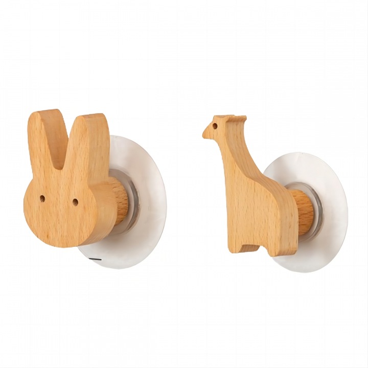 Set 2 carlige ASDIIT® design nordic lemn animale desene animate, fara gaurire, elefant si leu, maro antichizat