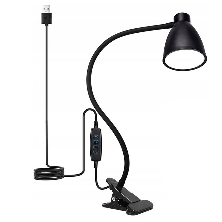 Lampa de birou cu clips, Zola, brat flexibil, 3 culori de lumina, USB, 10 nivele de reglare a intensitatii, 40x7.5x11 cm, negru