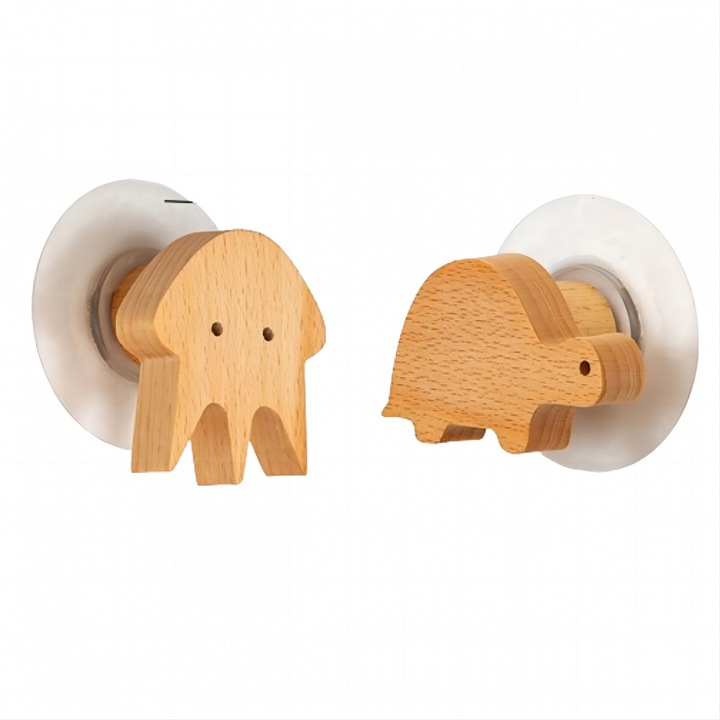Set 2 carlige ASDIIT® design nordic lemn animale desene animate, fara gaurire, elefant si leu, maro natural