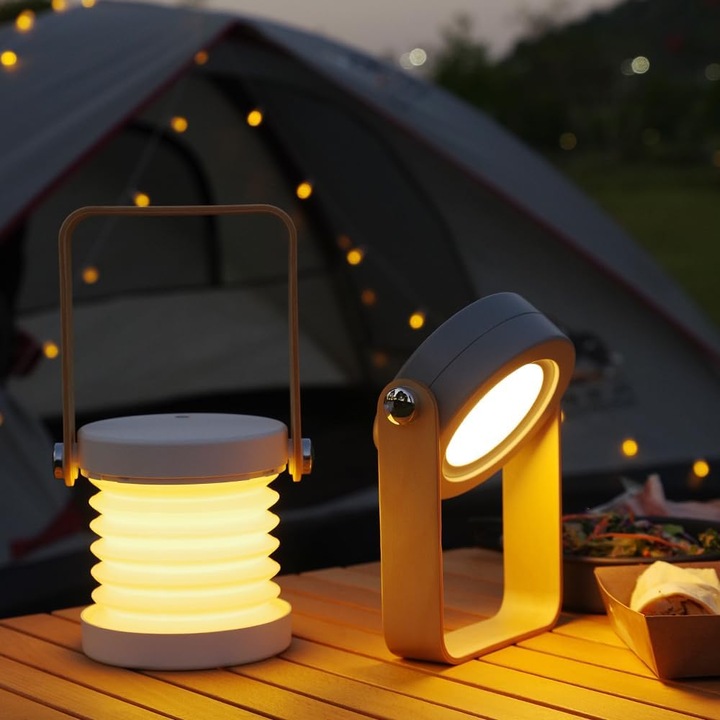 Lampa pentru Camping, Cort, Terasa, cu Incarcare USB 2025 - Lumina LED Reglabila cu Control Tactil - Rotire la 360 de grade, Lanterna Portabila cu Luminozitate pe 3 Nivele, Culoare Gri