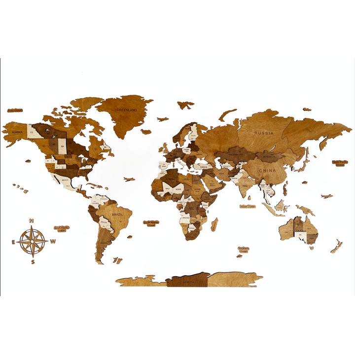Harta lumii 3d din lemn pentru perete, LATTE Birdywing® 250x125cm