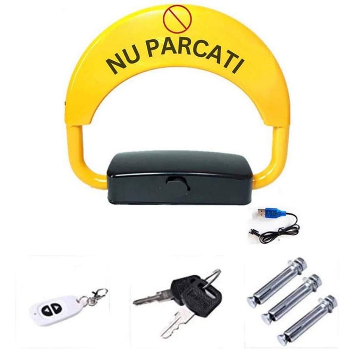 Blocator Parcare Automat SIKS, Model S, Functie Anti Furt, Cu Alarma, Control de la Distanta, Telecomanda Inclusa, Cu Acumulator, Greutate Suportata 5 Tone, Negru/Galben