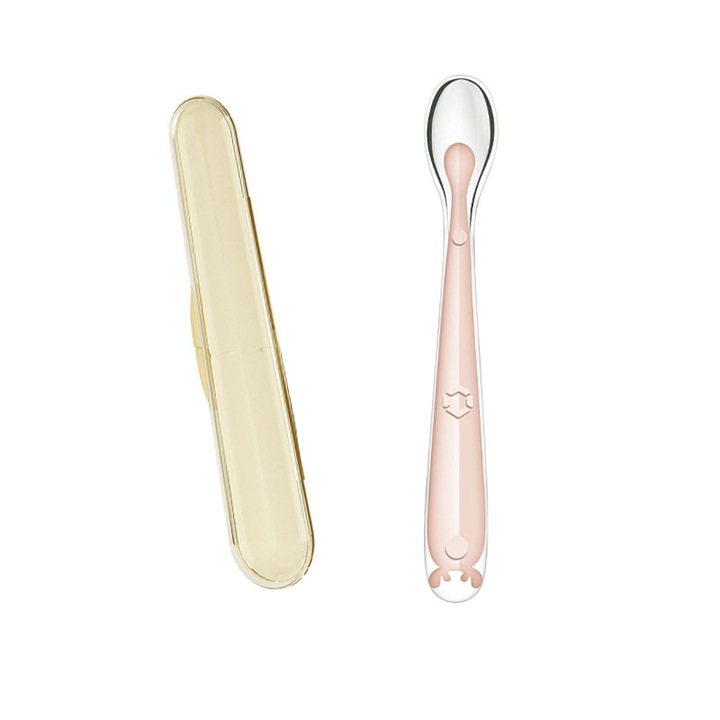 Бебешка лъжица, хранителен силикон, неплъзгаща се дръжка, розова