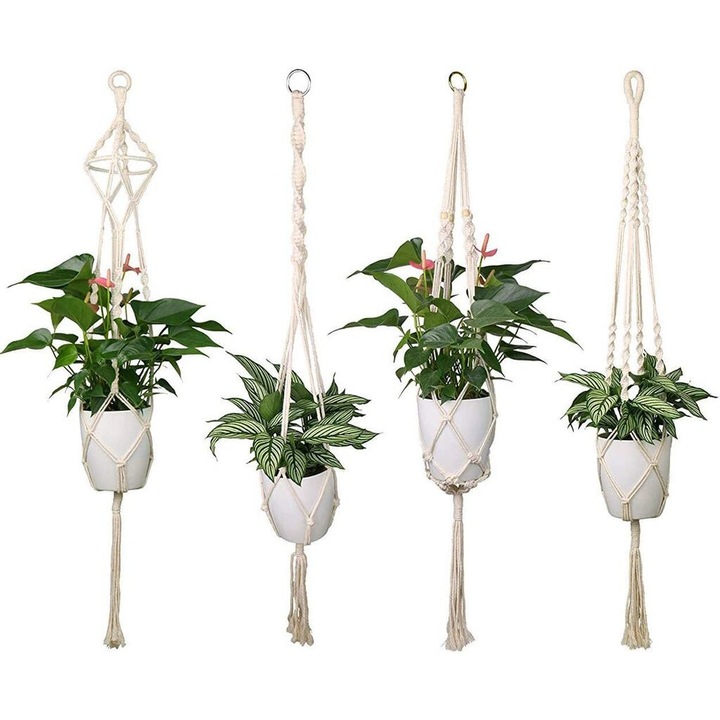 Set de 4 Suporturi Agatatoare pentru Ghivece, din Sfoara de Bumbac, 104cm, bej