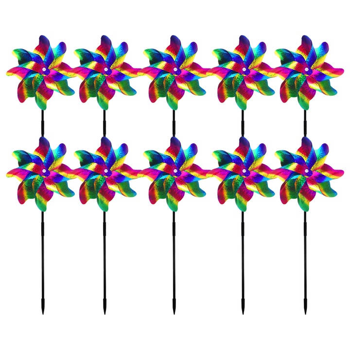 Rotile curcubeu stralucitoare, roti de vant reflectorizante pentru curte si gradina, constructie durabila eficienta impotriva pasarilor, moara de vant curcubeu din plastic usor de instalat pentru terasa cu gazon (10 buc)