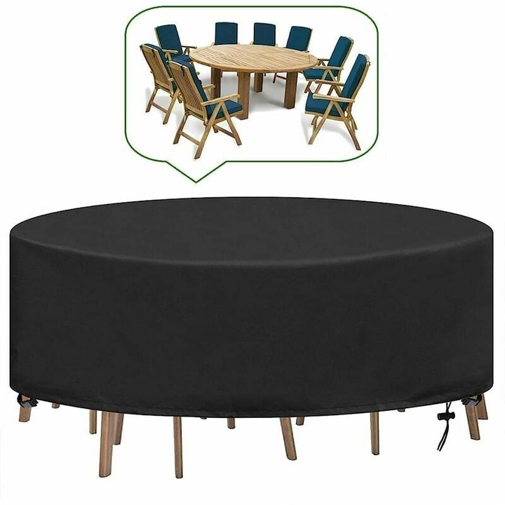 Husa rezistenta pentru mobilier de exterior, protectie rotunda pentru masa de terasa, impermeabila, 230X100 cm, husa pentru mobilier de terasa din material Oxford, rezistenta la vant cu snur elastic ajustabil pentru tivul
